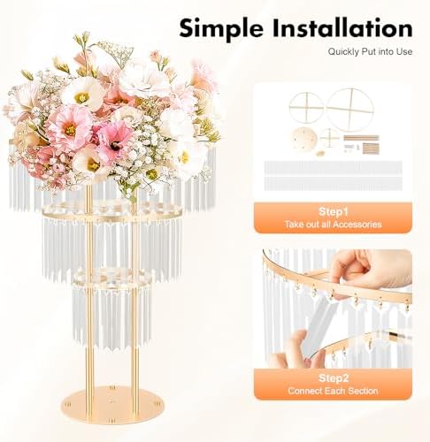 2Pcs 3 Tiers Wedding Centerpieces Vase, 28.4In Gold Acrylic Flower Vase with Hanging Crystals, Round Chandelier, alternate