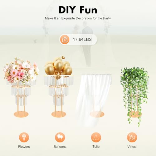 2Pcs 3 Tiers Wedding Centerpieces Vase, 28.4In Gold Acrylic Flower Vase with Hanging Crystals, Round Chandelier, alternate