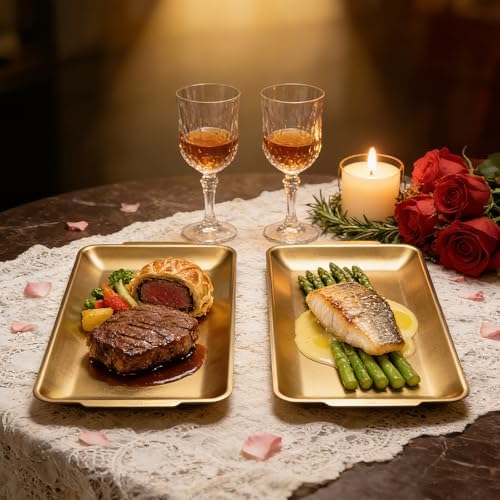 2Pcs 304 Stainless Steel Food Serving Trays, 12.6" Rectangular Gold Platters, Rectangle Versatile Organizer, alternate view 2