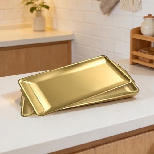 2Pcs 304 Stainless Steel Food Serving Trays, 12.6" Rectangular Gold Platters, Rectangle Versatile Organizer, alternate view 6
