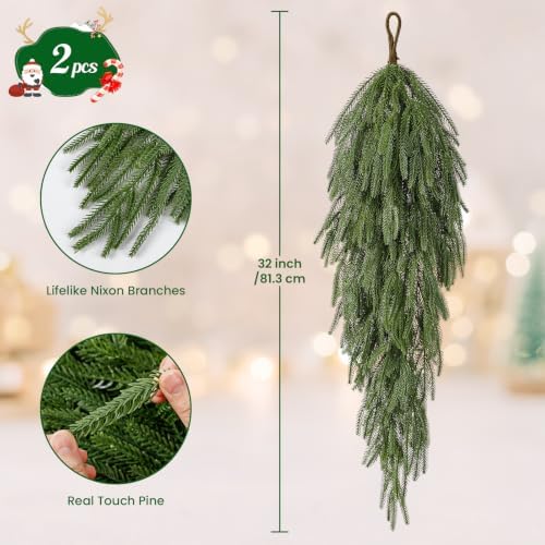 2PCS 32" Artificial Christmas Teardrop Swag, Norfolk Greenery Decor in Green, alternate view 3