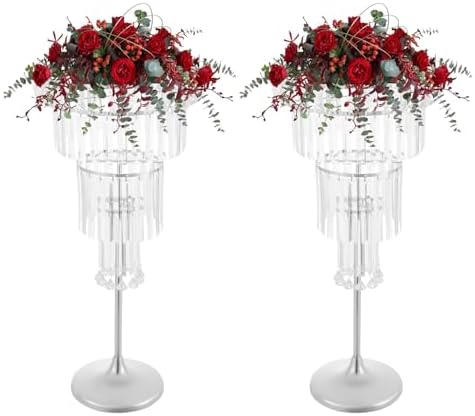 2Pcs 4-Tier Flower Stand, 32.28in Tall Silver Geometric Centerpiece Display with Crystal Pendants, Ice Curtain