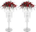 2Pcs 4-Tier Flower Stand, 32.28in Tall Silver Geometric Centerpiece Display with Crystal Pendants, Ice Curtain