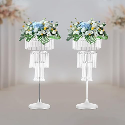 2Pcs 4-Tier Flower Stand, 32.28in Tall Silver Geometric Centerpiece Display with Crystal Pendants, Ice Curtain, alternate