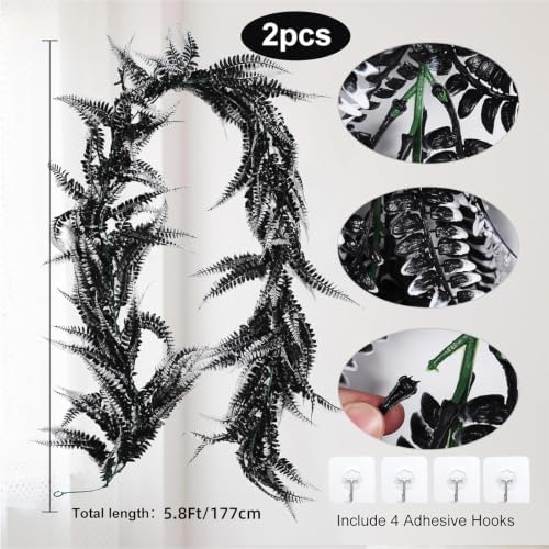 2Pcs 5.8Ft Artificial Boston Fern Garland Greenery Vine Black White, alternate view 3
