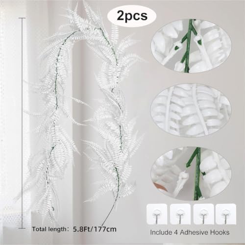 2Pcs 5.8Ft Artificial Fall Boston Fern Vines White Greenery Garland, alternate view 3