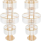 2PCS 5-Tier 43.3in Tall Gold Geometric Centerpiece Display with Crystal Pendants, Ice Curtain Crystal Flower