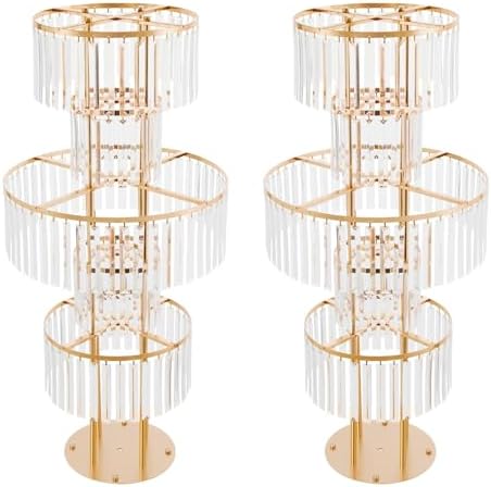 2PCS 5-Tier 43.3in Tall Gold Geometric Centerpiece Display with Crystal Pendants, Ice Curtain Crystal Flower