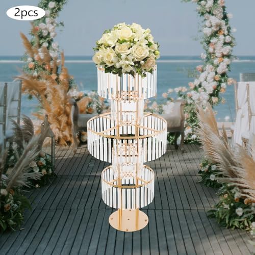 2PCS 5-Tier 43.3in Tall Gold Geometric Centerpiece Display with Crystal Pendants, Ice Curtain Crystal Flower, alternate view