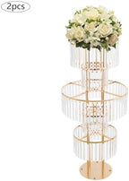 2PCS 5-Tier 43.3in Tall Gold Geometric Centerpiece Display with Crystal Pendants, Ice Curtain Crystal Flower, alternate view