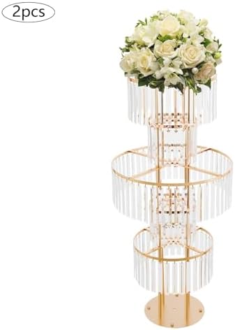 2PCS 5-Tier 43.3in Tall Gold Geometric Centerpiece Display with Crystal Pendants, Ice Curtain Crystal Flower, alternate view