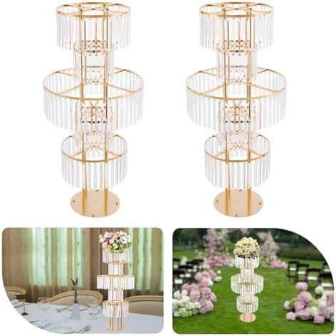 2PCS 5-Tier 43.3in Tall Gold Geometric Centerpiece Display with Crystal Pendants, Ice Curtain Crystal Flower, alternate view