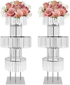 2PCS 5-Tier 43.3in Tall Silver Geometric Centerpiece Display with Crystal Pendants, Ice Curtain Crystal Flower