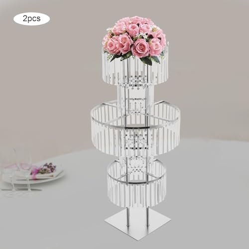 2PCS 5-Tier 43.3in Tall Silver Geometric Centerpiece Display with Crystal Pendants, Ice Curtain Crystal Flower, alternate