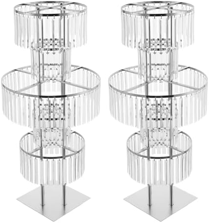 2PCS 5-Tier 43.3in Tall Silver Geometric Centerpiece Display with Crystal Pendants, Ice Curtain Crystal Flower, alternate