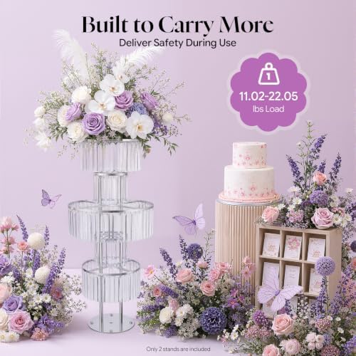 2PCS 5-Tier Silver Vases Centerpieces Stands (Sliver, Round) in Gold+Clear, alternate view 2