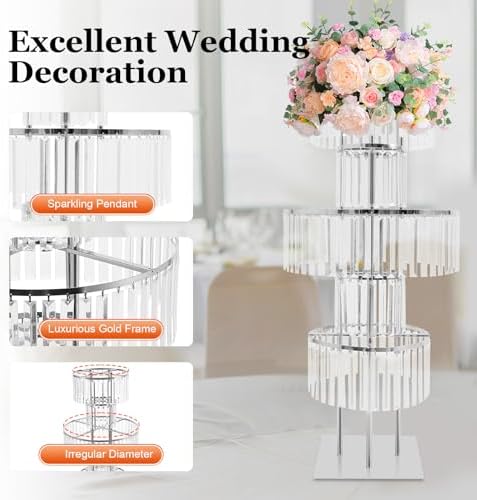 2Pcs 5 Tiers Wedding Centerpieces Vase, 43.3In Silvery Acrylic Flower Vase with Hanging Crystals, Square, alternate view 3