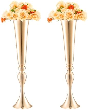 2PCS 56cm/22.05” Tall Wedding Flower Vase, Metal Wedding Trumpet Centerpiece, Gold Floral Stand Display Rack for