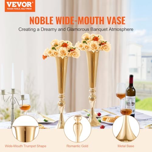 2PCS 56cm/22.05” Tall Wedding Flower Vase, Metal Wedding Trumpet Centerpiece, Gold Floral Stand Display Rack for, alternate