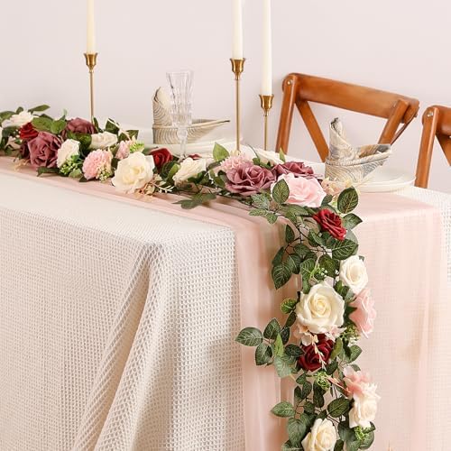 2Pcs 5FT Dusty Rose Artificial Flower Garland Blush Rose Floral Garland Arch Rose Vine for Wedding Ceremony