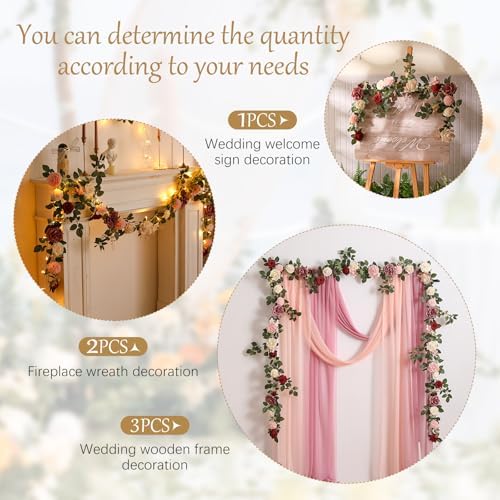 2Pcs 5FT Dusty Rose Artificial Flower Garland Blush Rose Floral Garland Arch Rose Vine for Wedding Ceremony, alternate view 3