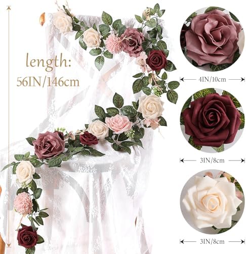 2Pcs 5FT Dusty Rose Artificial Flower Garland Blush Rose Floral Garland Arch Rose Vine for Wedding Ceremony, alternate view 5