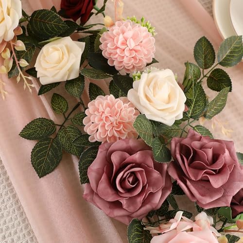 2Pcs 5FT Dusty Rose Artificial Flower Garland Blush Rose Floral Garland Arch Rose Vine for Wedding Ceremony, alternate view 6