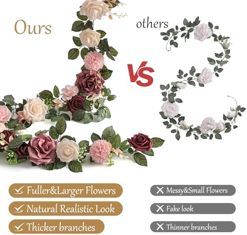 2Pcs 5FT Dusty Rose Artificial Flower Garland Blush Rose Floral Garland Arch Rose Vine for Wedding Ceremony, alternate view 7