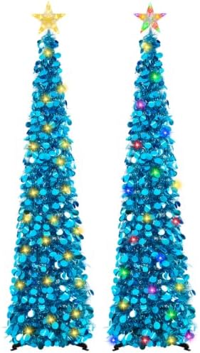 2PCS 5FT Pop Up Christmas Trees with Lighted Top Star for Decorations, Blue in Blue