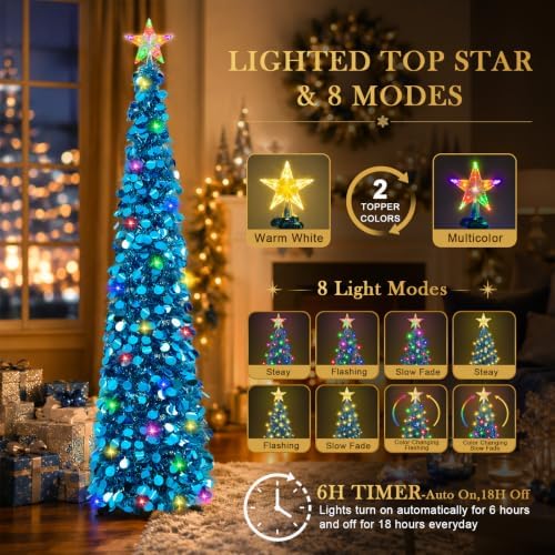 2PCS 5FT Pop Up Christmas Trees with Lighted Top Star for Decorations, Blue in Blue, alternate view 2