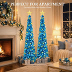 2PCS 5FT Pop Up Christmas Trees with Lighted Top Star for Decorations, Blue in Blue, alternate view 3