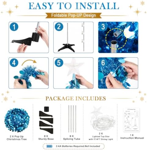 2PCS 5FT Pop Up Christmas Trees with Lighted Top Star for Decorations, Blue in Blue, alternate view 4