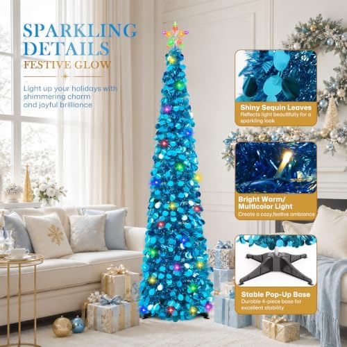 2PCS 5FT Pop Up Christmas Trees with Lighted Top Star for Decorations, Blue in Blue, alternate view 5