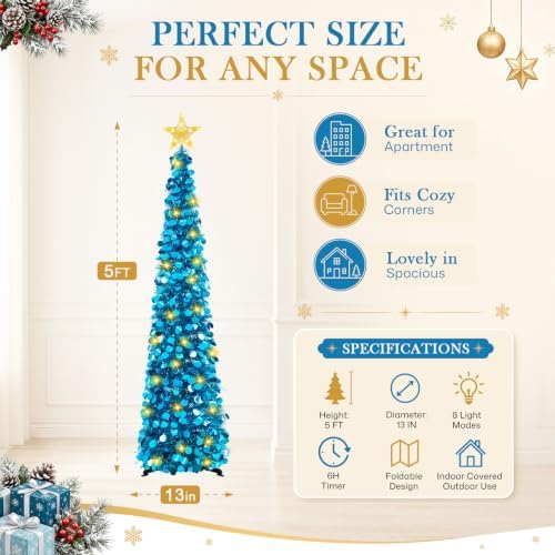 2PCS 5FT Pop Up Christmas Trees with Lighted Top Star for Decorations, Blue in Blue, alternate view 6