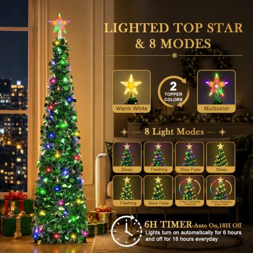 2PCS 5FT Pop Up Christmas Trees with Lighted Top Star for Decorations, Green in Green, alternate view 2