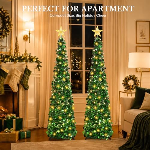 2PCS 5FT Pop Up Christmas Trees with Lighted Top Star for Decorations, Green in Green, alternate view 3
