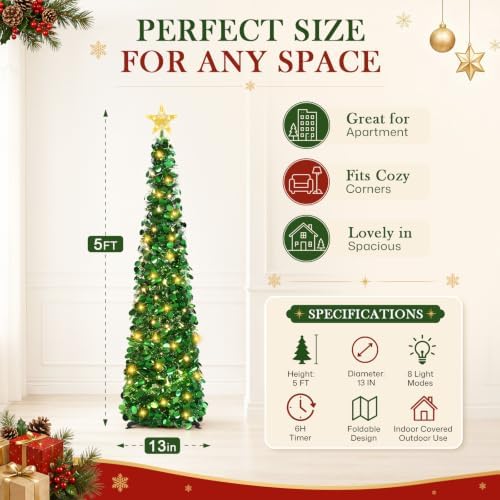 2PCS 5FT Pop Up Christmas Trees with Lighted Top Star for Decorations, Green in Green, alternate view 6