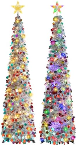 2PCS 5FT Pop Up Christmas Trees with Lighted Top Star for Decorations in Silver Mix