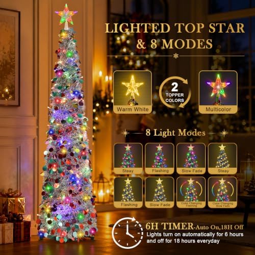 2PCS 5FT Pop Up Christmas Trees with Lighted Top Star for Decorations in Silver Mix, alternate view 2