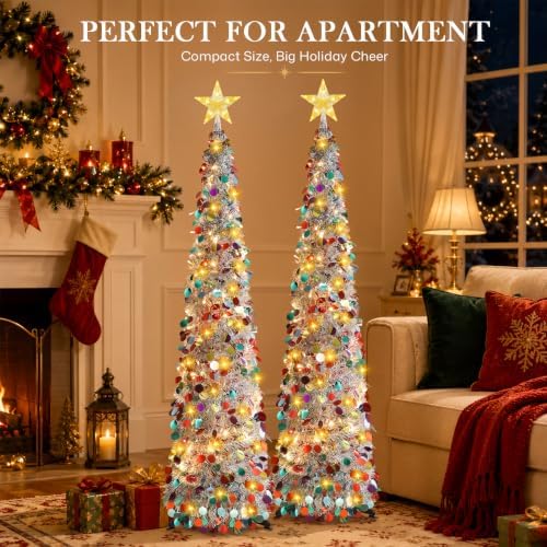 2PCS 5FT Pop Up Christmas Trees with Lighted Top Star for Decorations in Silver Mix, alternate view 3