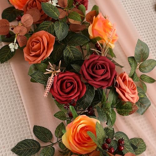 2Pcs 5FT Terracotta Artificial Flower Garland Fall Floral Garland Burnt Orange Arch Rose Vine for Wedding, alternate view 5