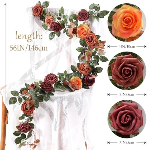 2Pcs 5FT Terracotta Artificial Flower Garland Fall Floral Garland Burnt Orange Arch Rose Vine for Wedding, alternate view 6