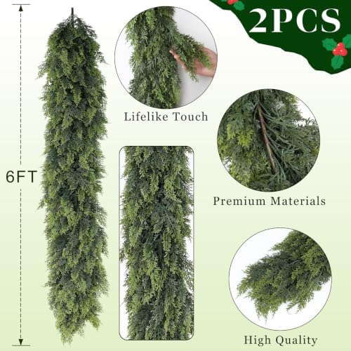 2PCS 6FT Artificial Christmas Cedar Garland Faux Greenery for Mantle Decor, alternate view 5