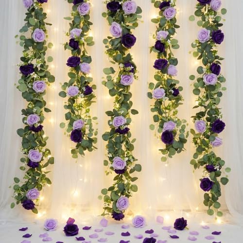 2Pcs 6FT Artificial Flowers Eucalyptus Garlands Fake Silk Roses Hanging Floral Vines for Home Room Party Wedding, alternate