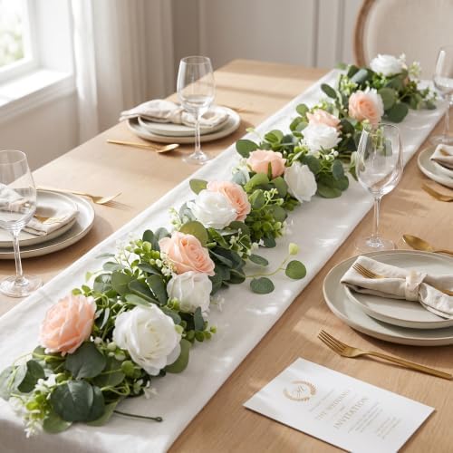 2Pcs 6FT Artificial Flowers Eucalyptus Garlands Fake Silk Roses Hanging Floral Vines for Home Room Party Wedding, alternate