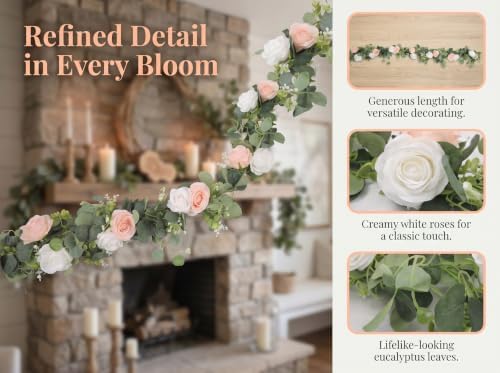 2Pcs 6FT Artificial Flowers Eucalyptus Garlands Fake Silk Roses Hanging Floral Vines for Home Room Party Wedding, alternate