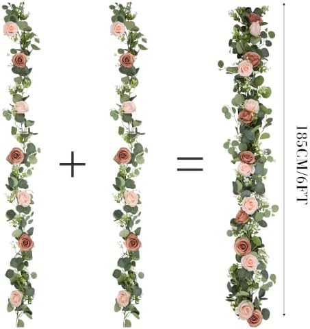 2Pcs 6FT Artificial Flowers Eucalyptus Garlands Fake Silk Roses Hanging Floral Vines for Home Room Party Wedding, alternate