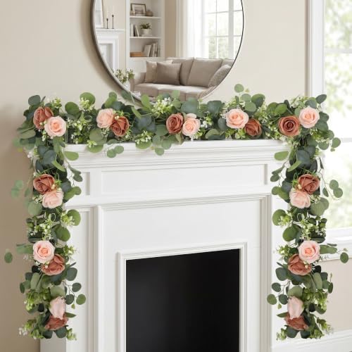 2Pcs 6FT Artificial Flowers Eucalyptus Garlands Fake Silk Roses Hanging Floral Vines for Home Room Party Wedding, alternate