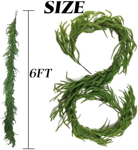 2PCS 6Ft Artificial Norfolk Pine Garlands, Real Touch Winter Pine Garland, Green Artificial Greenery Garland for, alternate