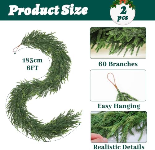 2Pcs 6FT Christmas Garland, Norfolk Pine Garland for Mantle Decor, alternate view 3